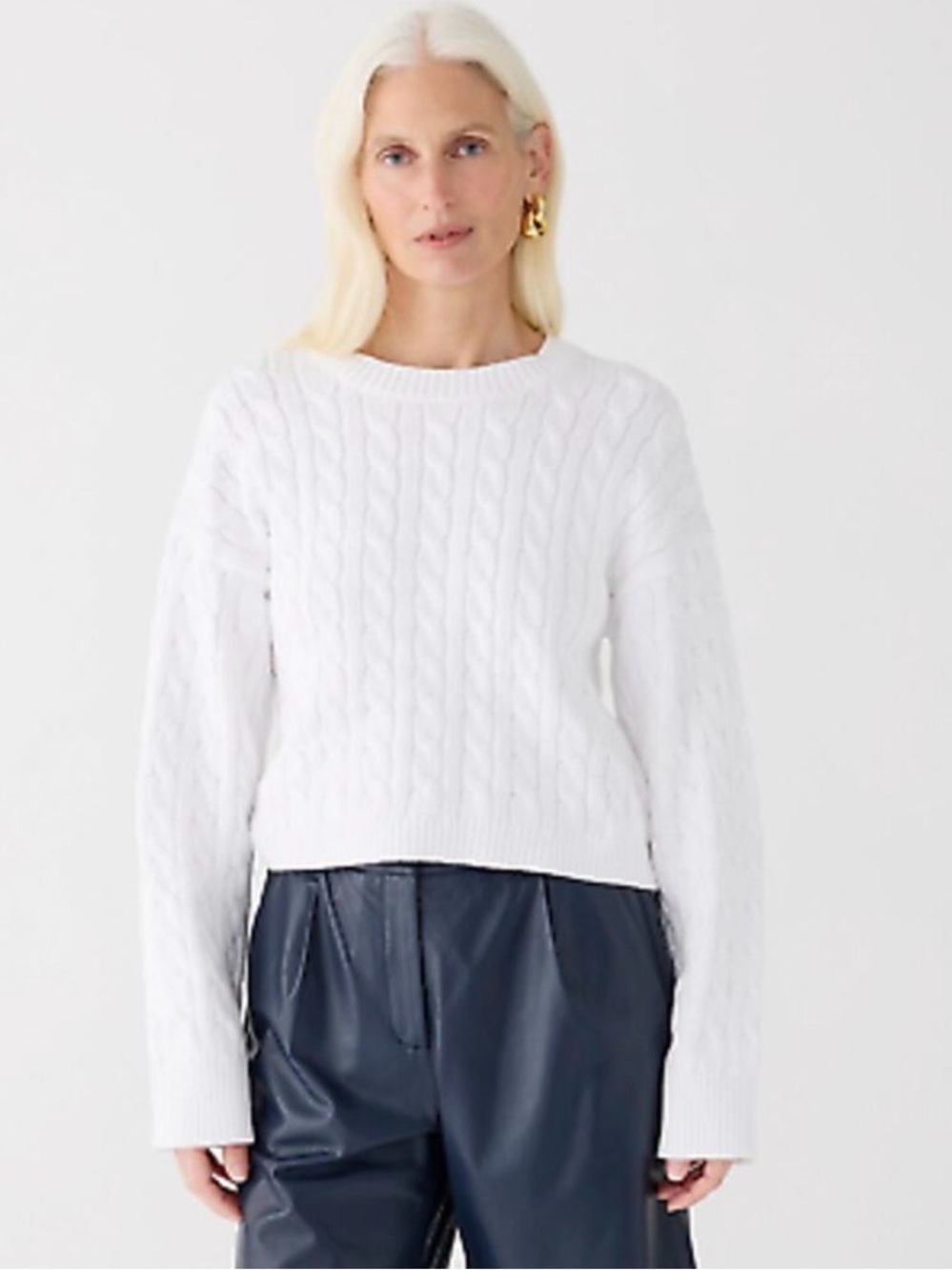 J. Crew Cropped White Cable Knit Crewneck Sweater Ribbed Small